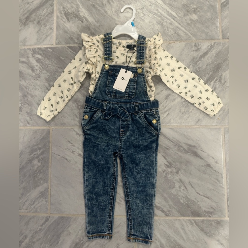 NWT 7 For All Mankind Girls Denim Overall 2 Piece 24 Months Long Sleeve